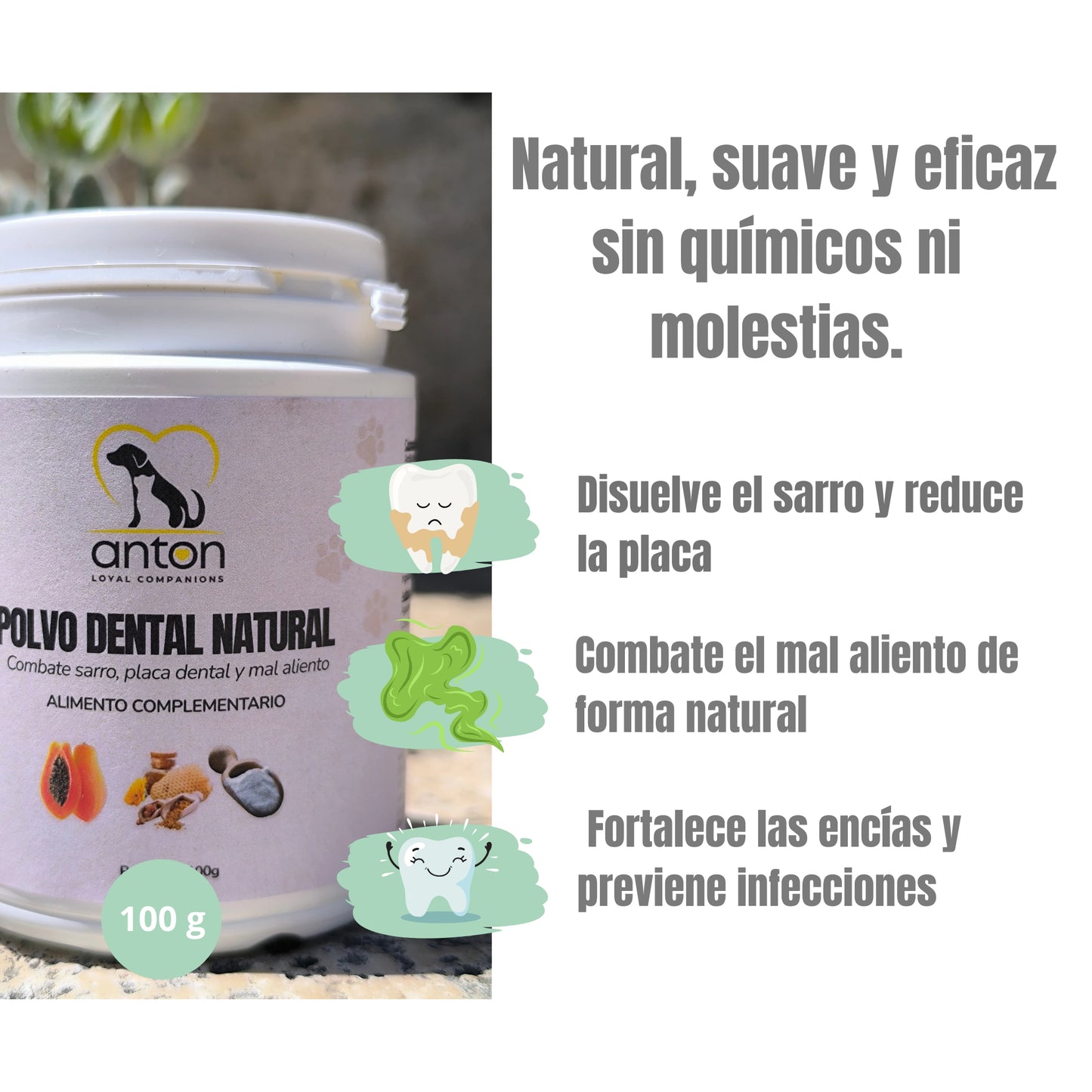 Envase del polvo dental natural ANTON con texto sobre beneficios: reduce sarro y placa, combate mal aliento, fortalece encías de forma natural