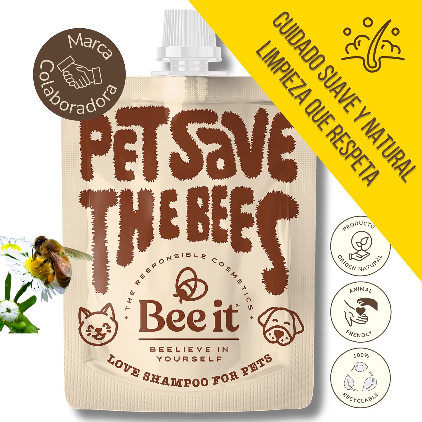 Envase de champú natural Bee It para mascotas, con diseño ecológico y mensaje "Pet Save the Bees"