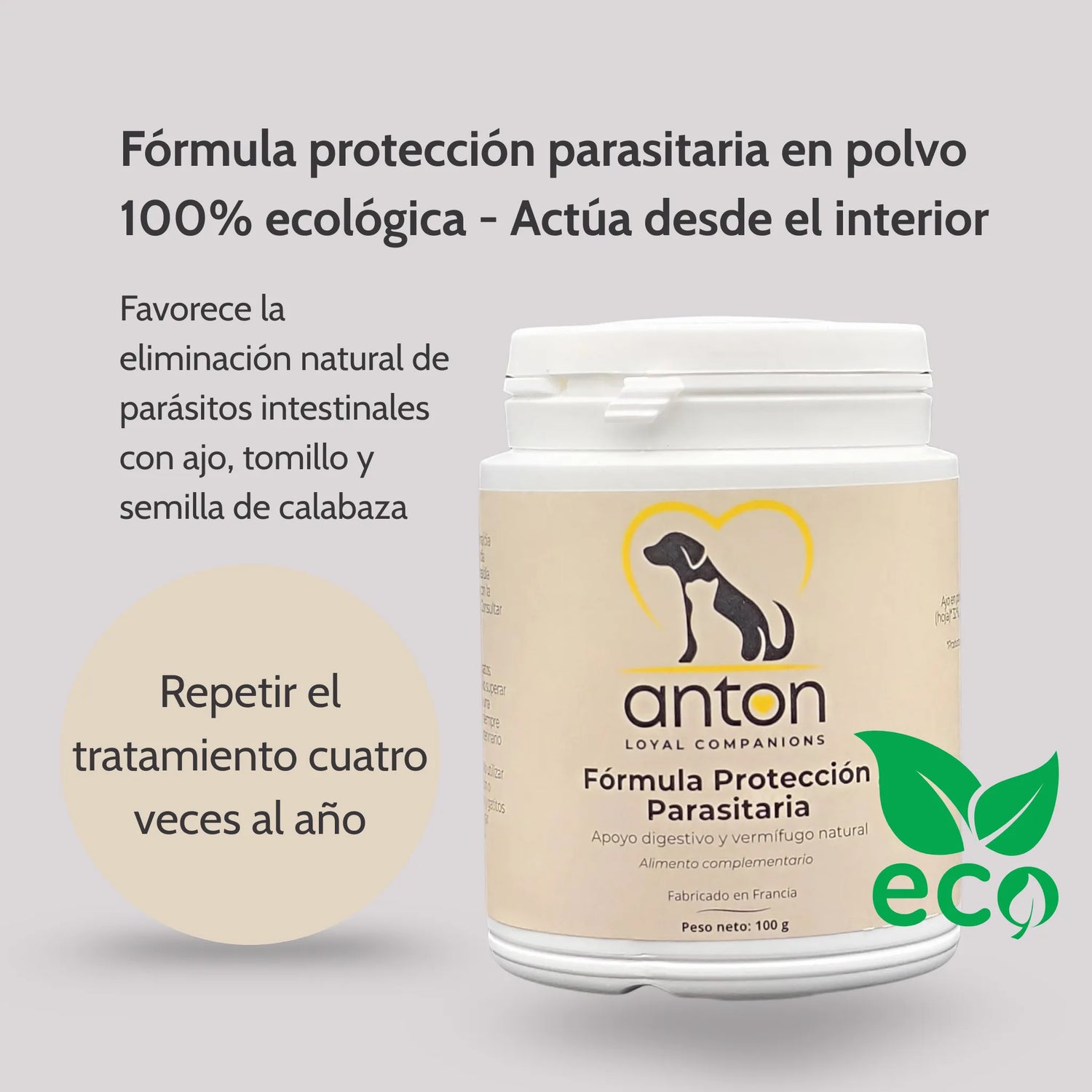 Suplemento natural ANTON protección parasitaria con ajo, tomillo y semilla de calabaza, ecológico y seguro