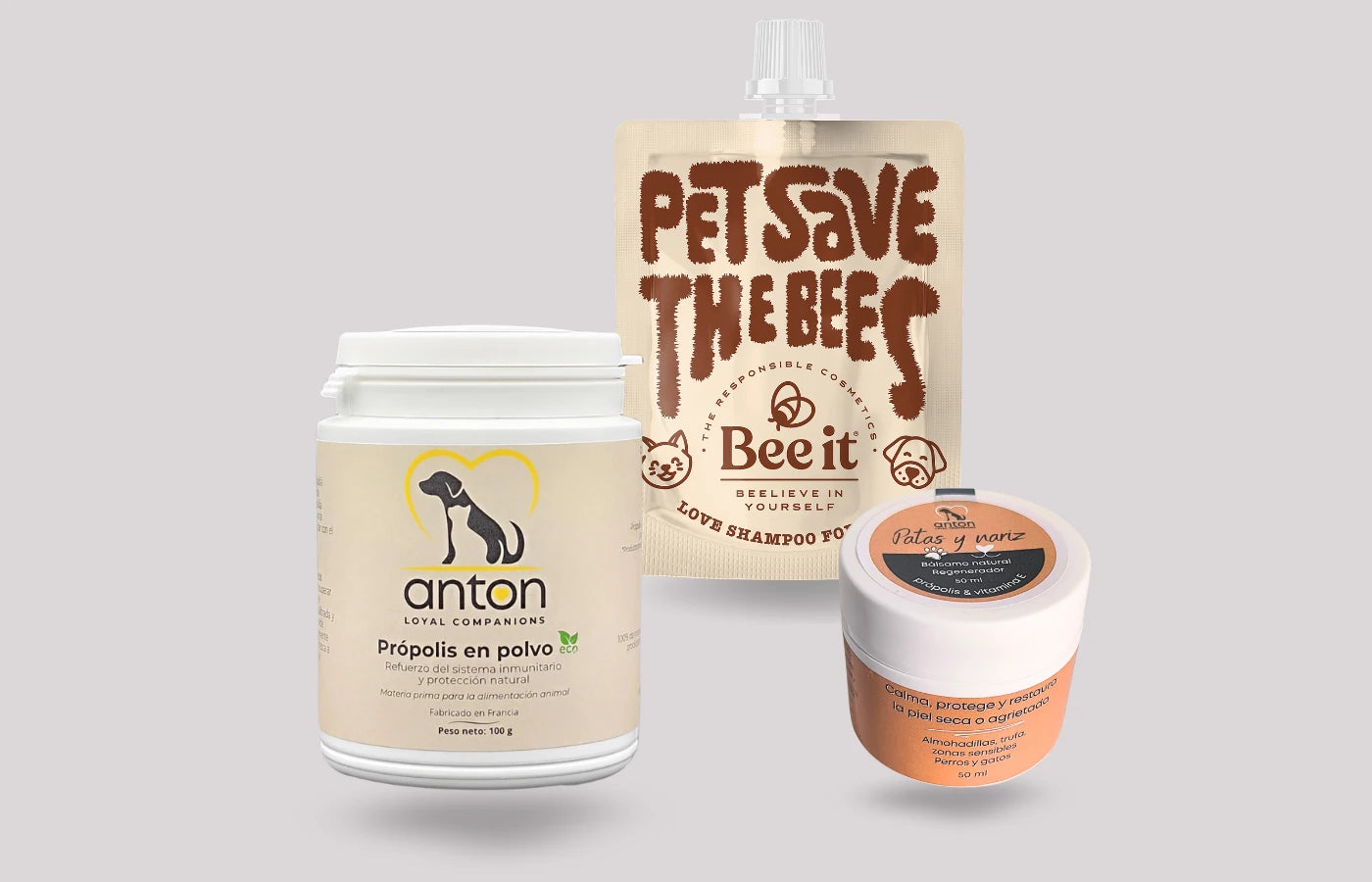 Pack defensa natural para perros y gatos: propóleo ecológico, champú Bee It y bálsamo regenerador piel.