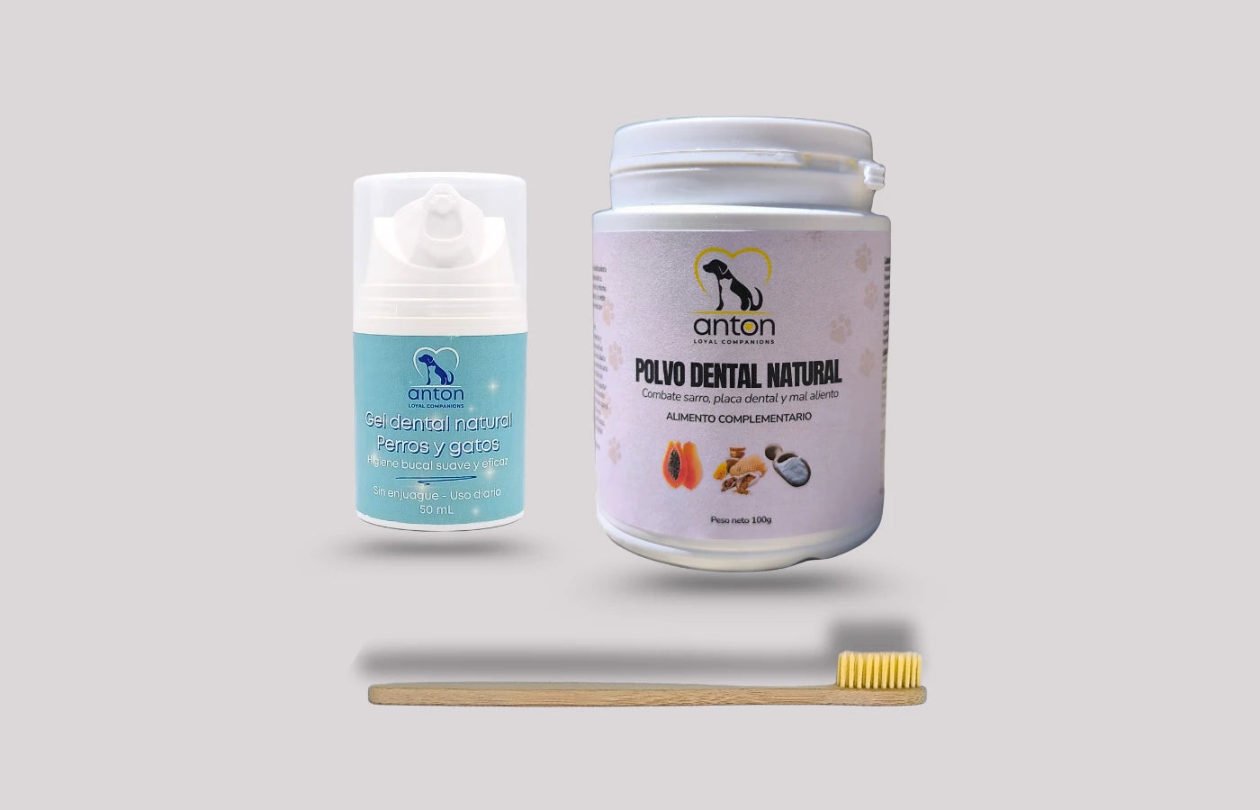 Kit dental natural para perros y gatos: gel, polvo dental y cepillo de bambú para higiene oral completa.