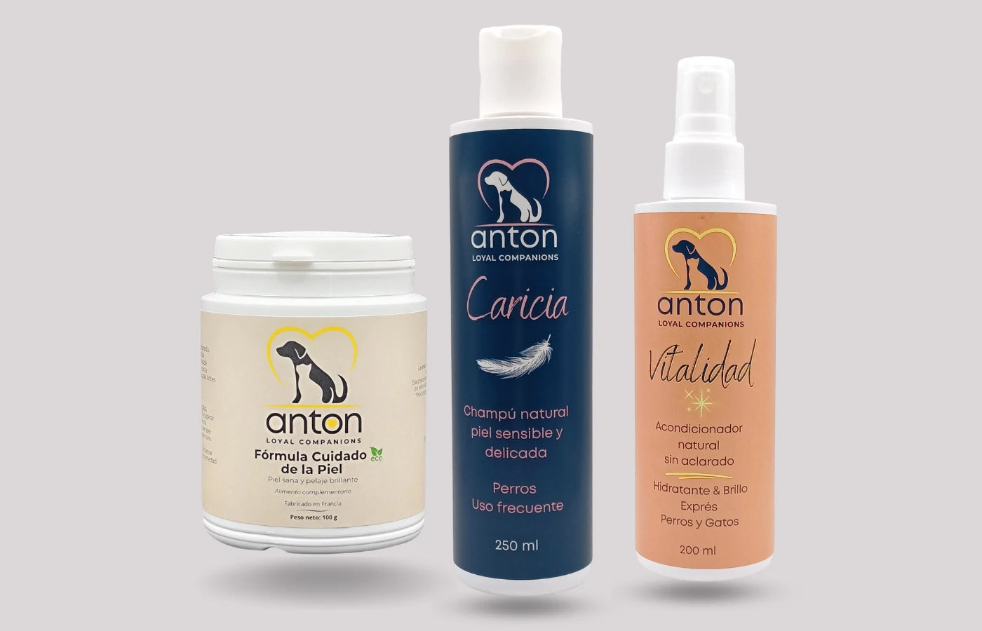 Ritual dermoprotector para perros: fórmula cuidado piel ECO, champú natural Caricia y acondicionador Vitalidad.