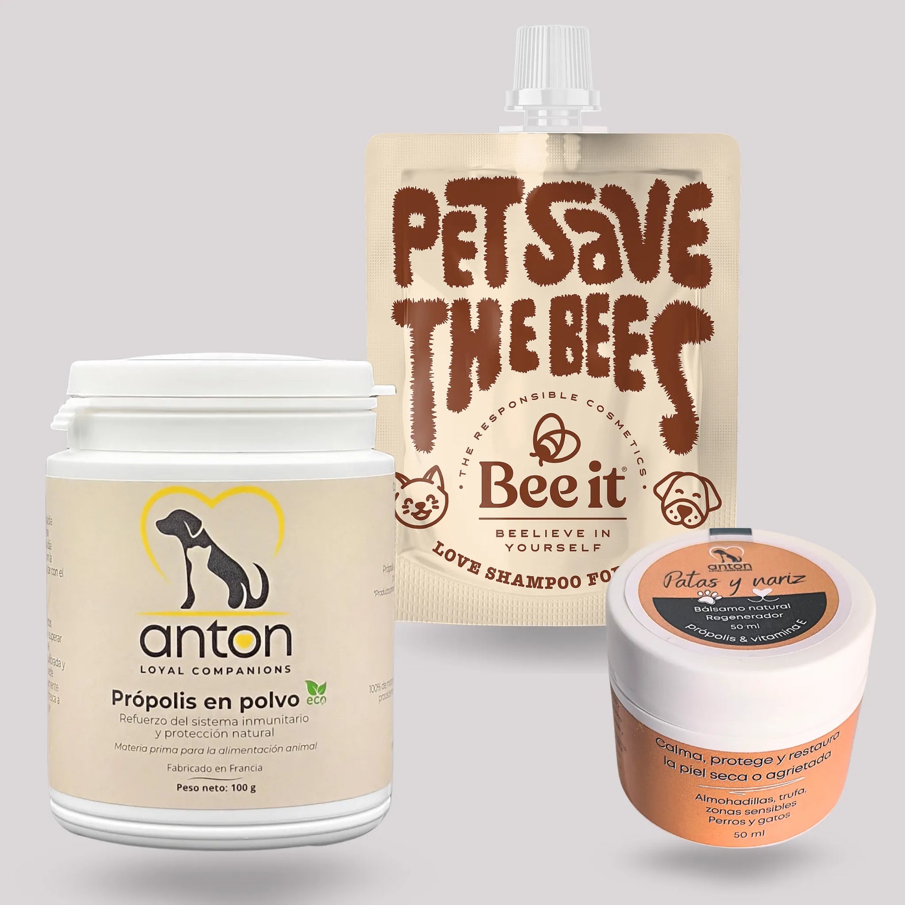 Lote con suplemento ANTON propóleo en polvo ECO, bálsamo Patas y Nariz y champú solidario Pet Save the Bees de Bee It