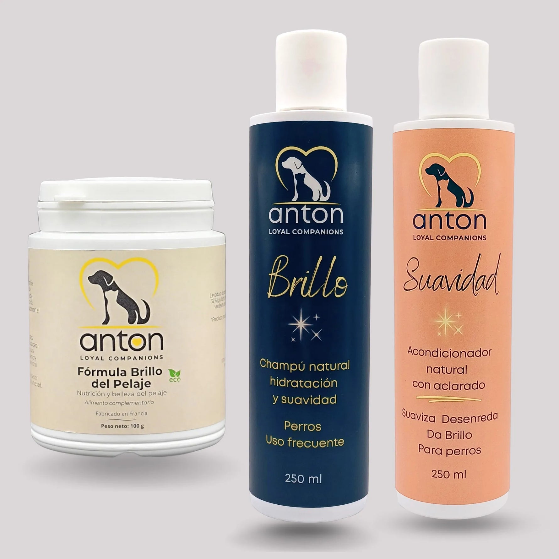 Lote ANTON con suplemento brillo del pelaje ECO, champú natural brillo y acondicionador suavidad para perros