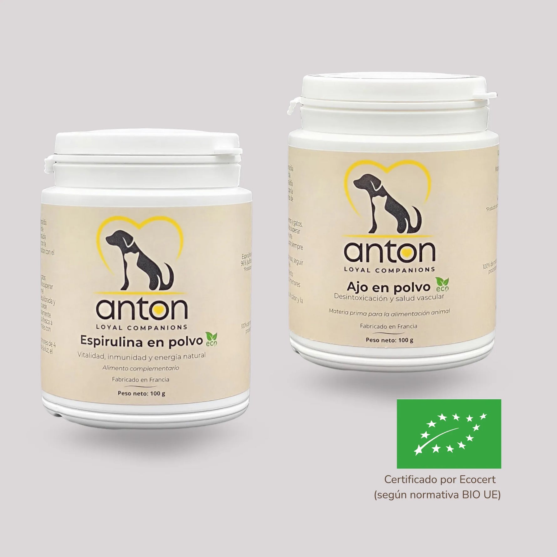 Lote ANTON con suplementos naturales ecológicos en polvo: ajo y espirulina, certificados por Ecocert BIO UE