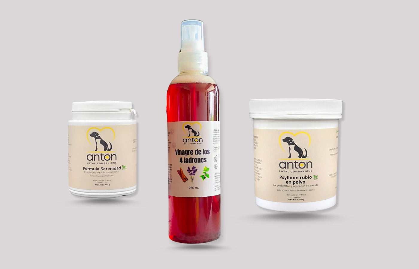 Pack de suplementos eco et higiene natural para perros y gatos: serenidad, digestión equilibrada y protección cutánea segura.