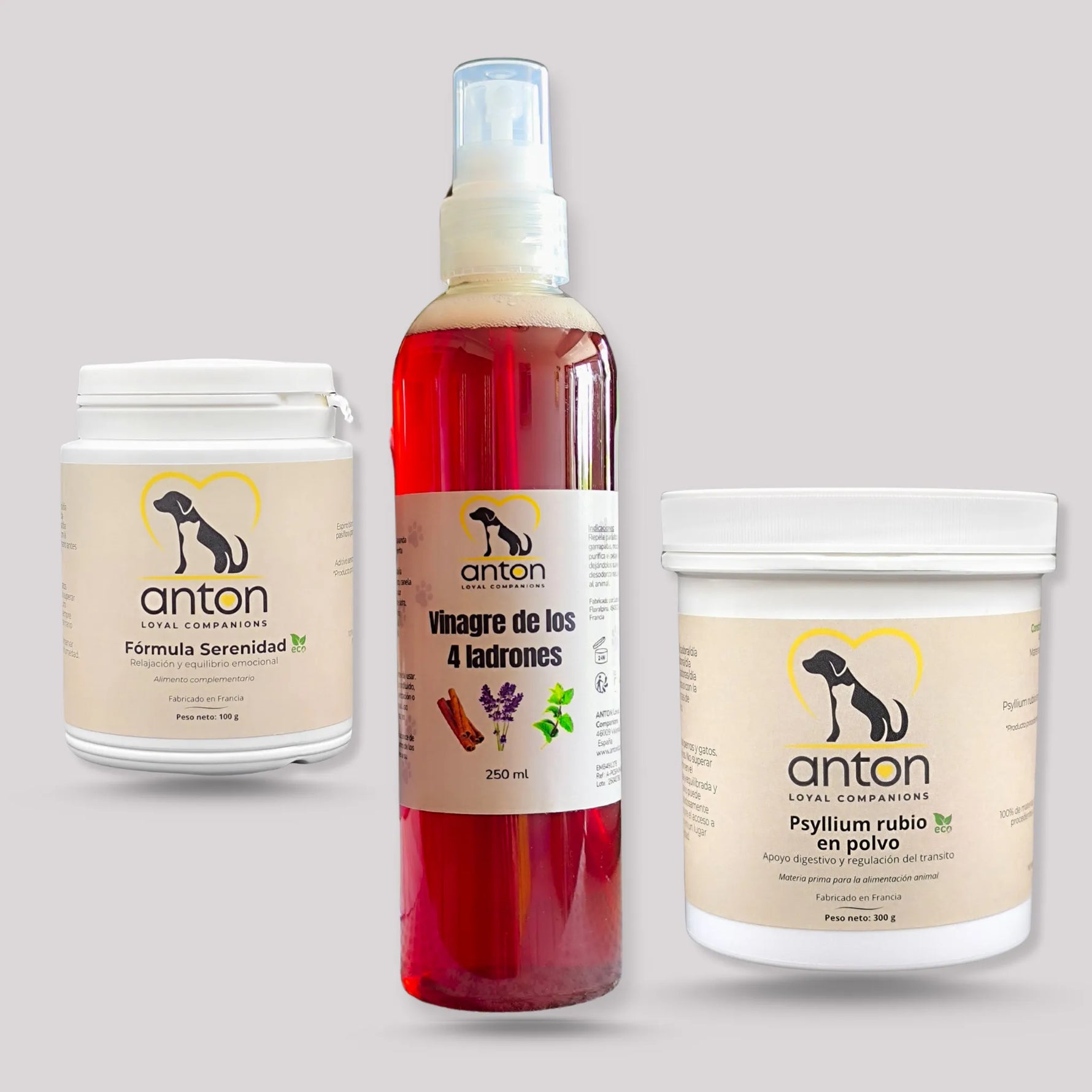 Lote ANTON con suplemento Serenidad ECO, psyllium rubio ecológico y vinagre de los 4 ladrones natural para perros y gatos