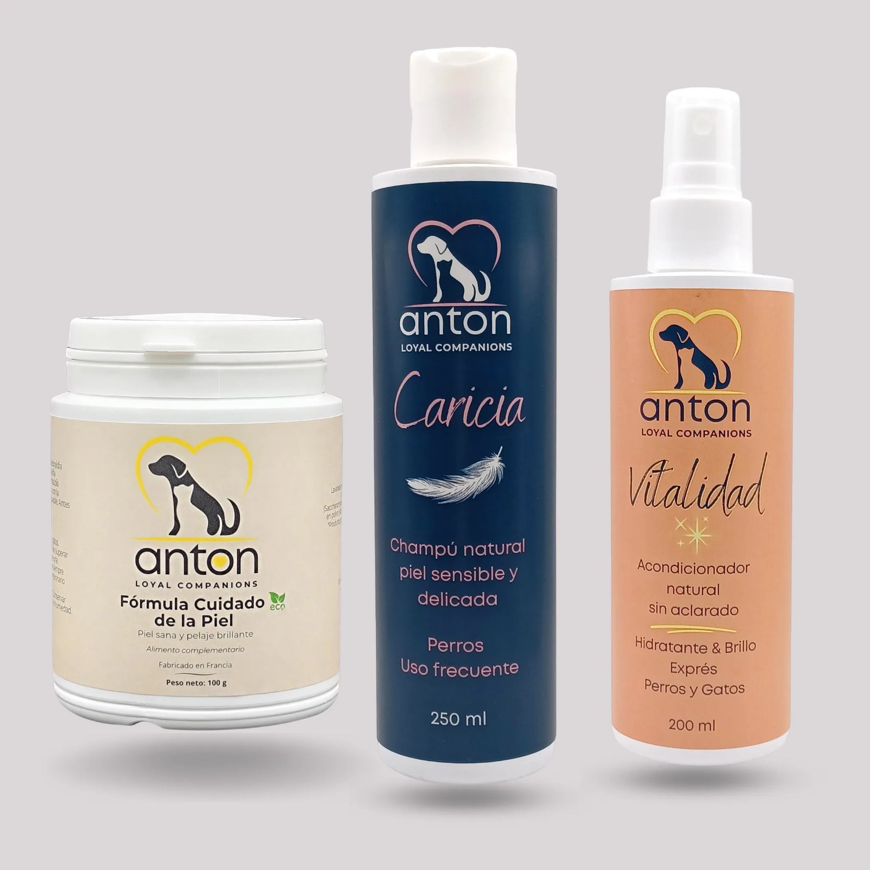 Lote ANTON con Fórmula Cuidado de la Piel ECO en polvo, champú natural Caricia y acondicionador Vitalidad para perros y gatos