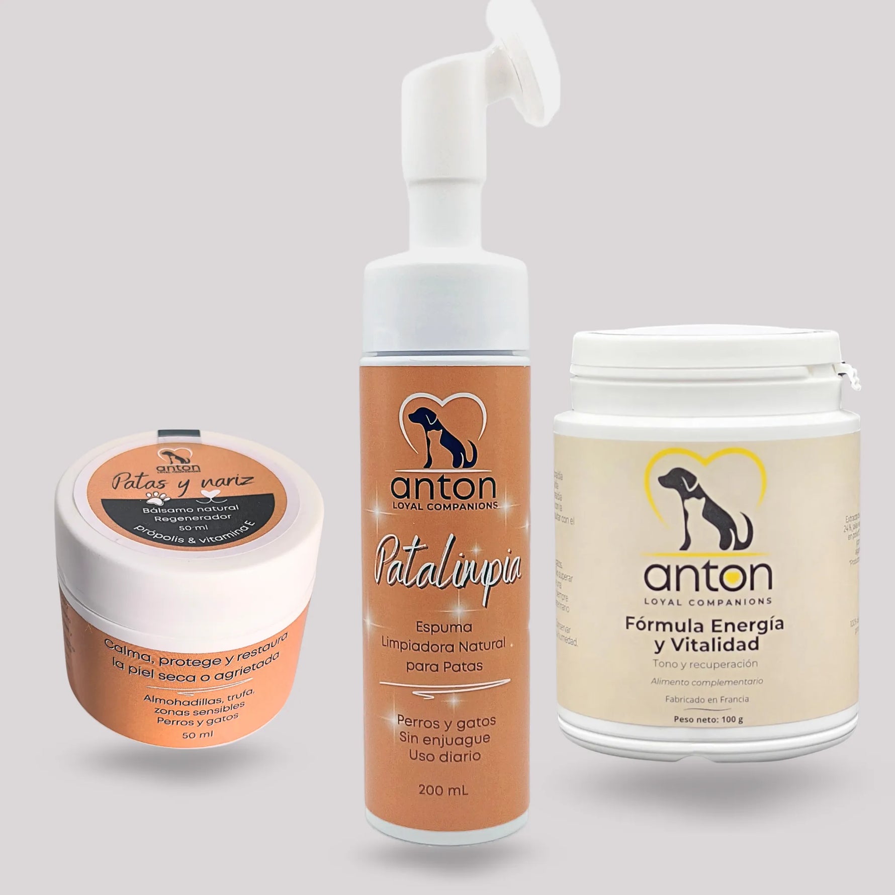 Lote ANTON con bálsamo natural Patas y Nariz, espuma limpiadora Patalimpia y suplemento Fórmula Energía y Vitalidad ECO