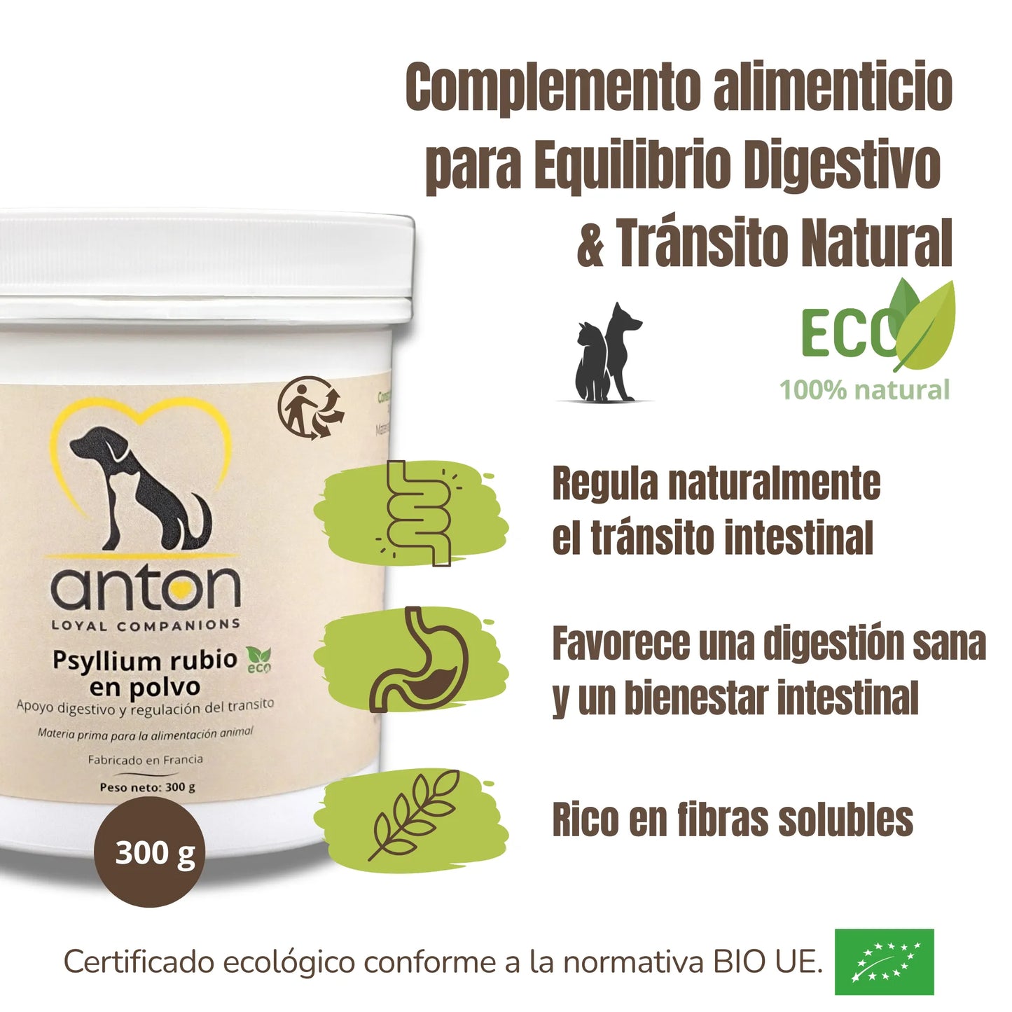Favorece una digestión saludable, regula el tránsito intestinal de forma natural y mejora el equilibrio digestivo de perros y gatos. Producto ecológico certificado BIO, sin aditivos ni conservantes.