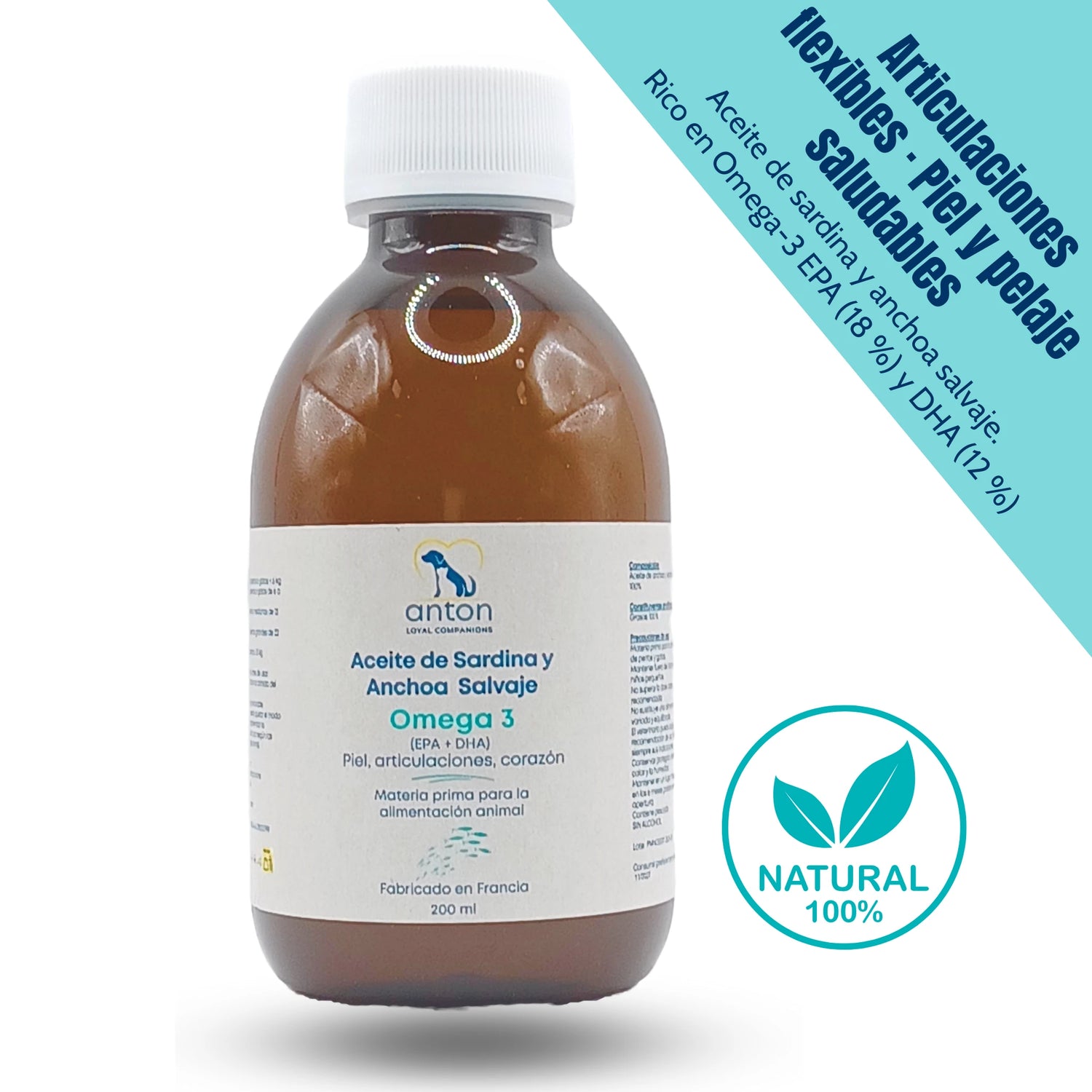 Botella suplemento natural aceite de sardina y anchoa salvaje rico en Omega-3 EPA y DHA