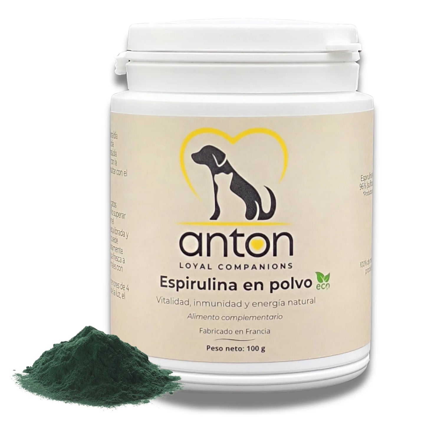 Microalga rica en nutrientes, ideal para reforzar las defensas, aumentar la energía y cuidar el pelaje de perros y gatos. Fuente natural de proteínas, vitaminas, minerales y antioxidantes. Suplemento ecológico de alta calidad.