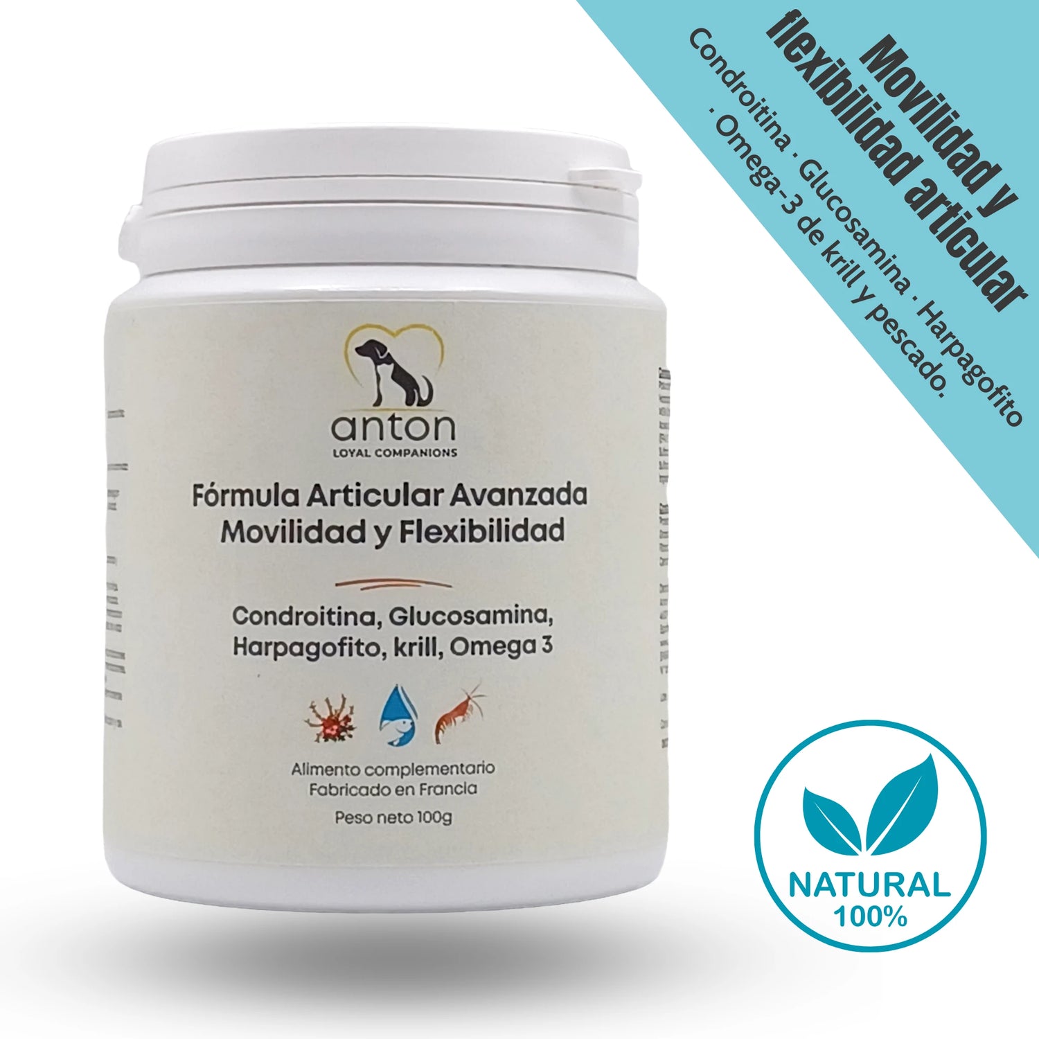 Envase suplemento natural articular con condroitina, glucosamina, harpagofito y omega 3