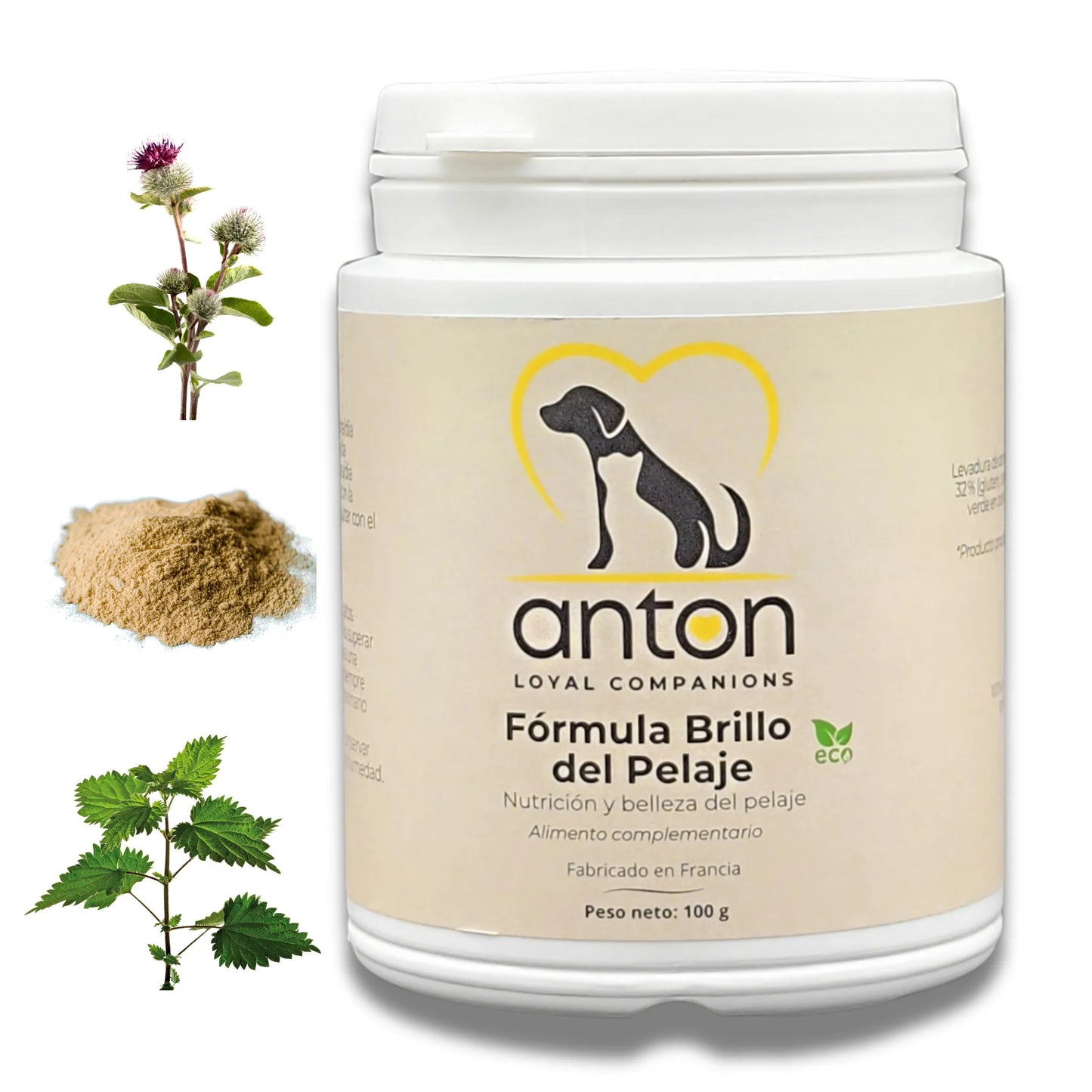 Envase del producto ANTON Fórmula Brillo del Pelaje para perros y gatos – complemento ecológico para un pelaje sano y brillante.