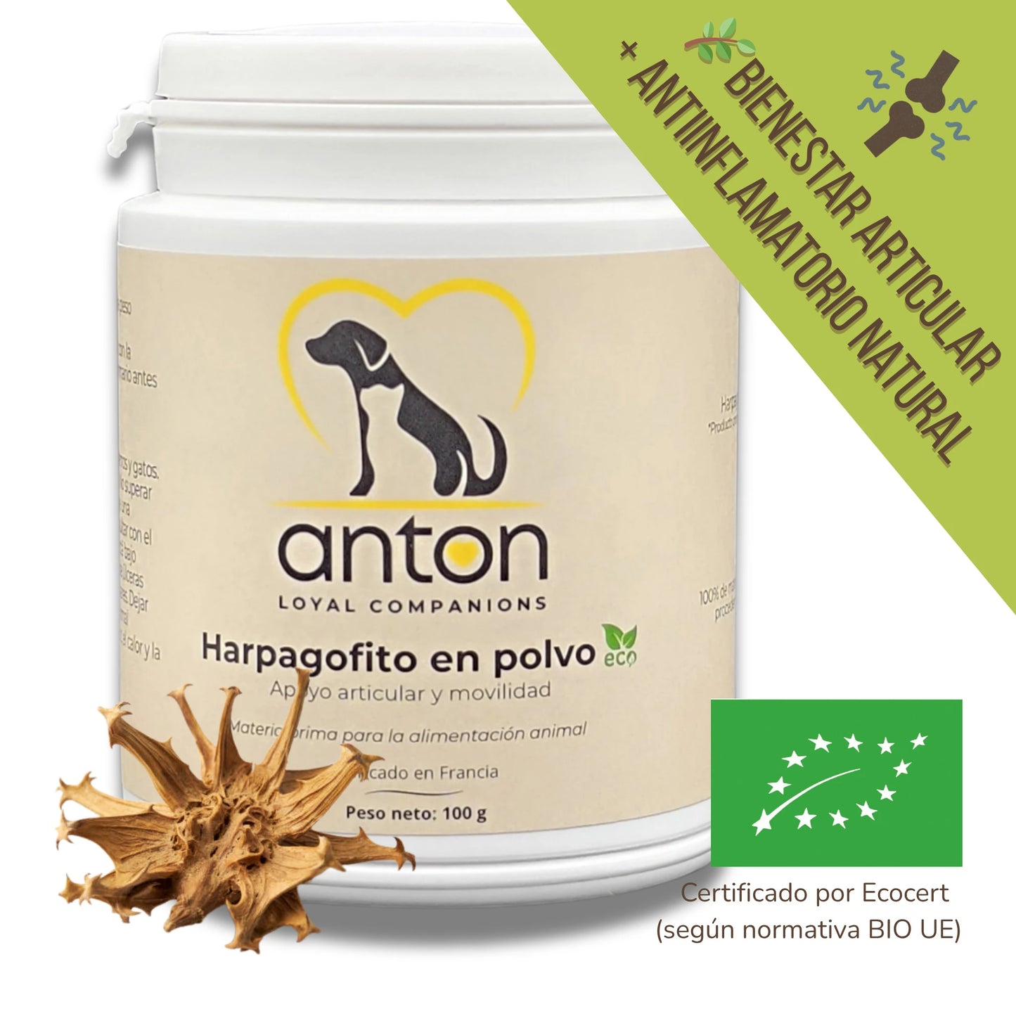 Complemento natural a base de Harpagofito ecológico, también conocido como “Garra del Diablo”. Indicado para perros y gatos con molestias articulares o necesidad de apoyo en la movilidad. Envase de 100 g certificado BIO, fabricado en Francia. Apto para animales de todas las edades.