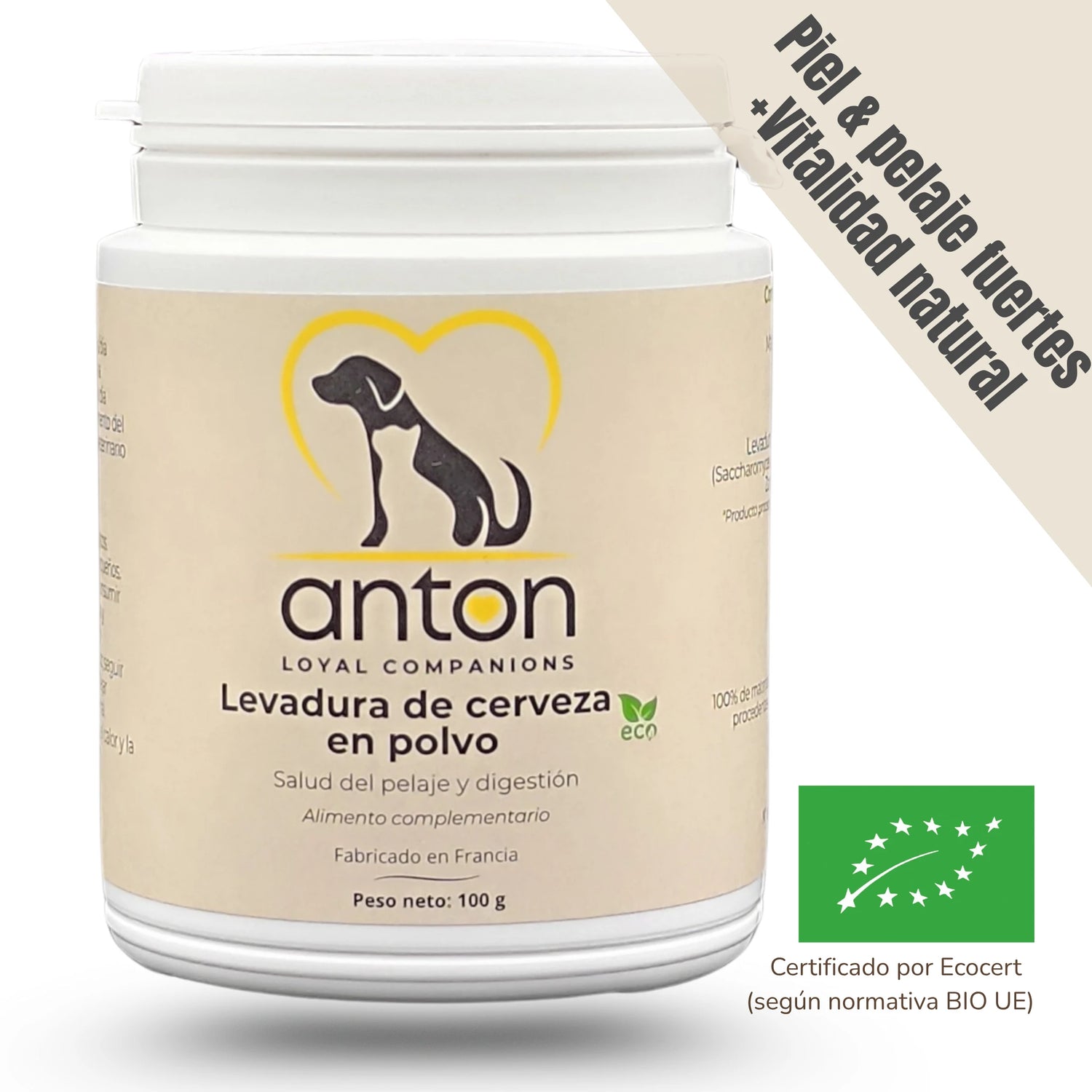 Envase de suplemento ecológico ANTON Levadura de cerveza en polvo para perros y gatos - 100 g
