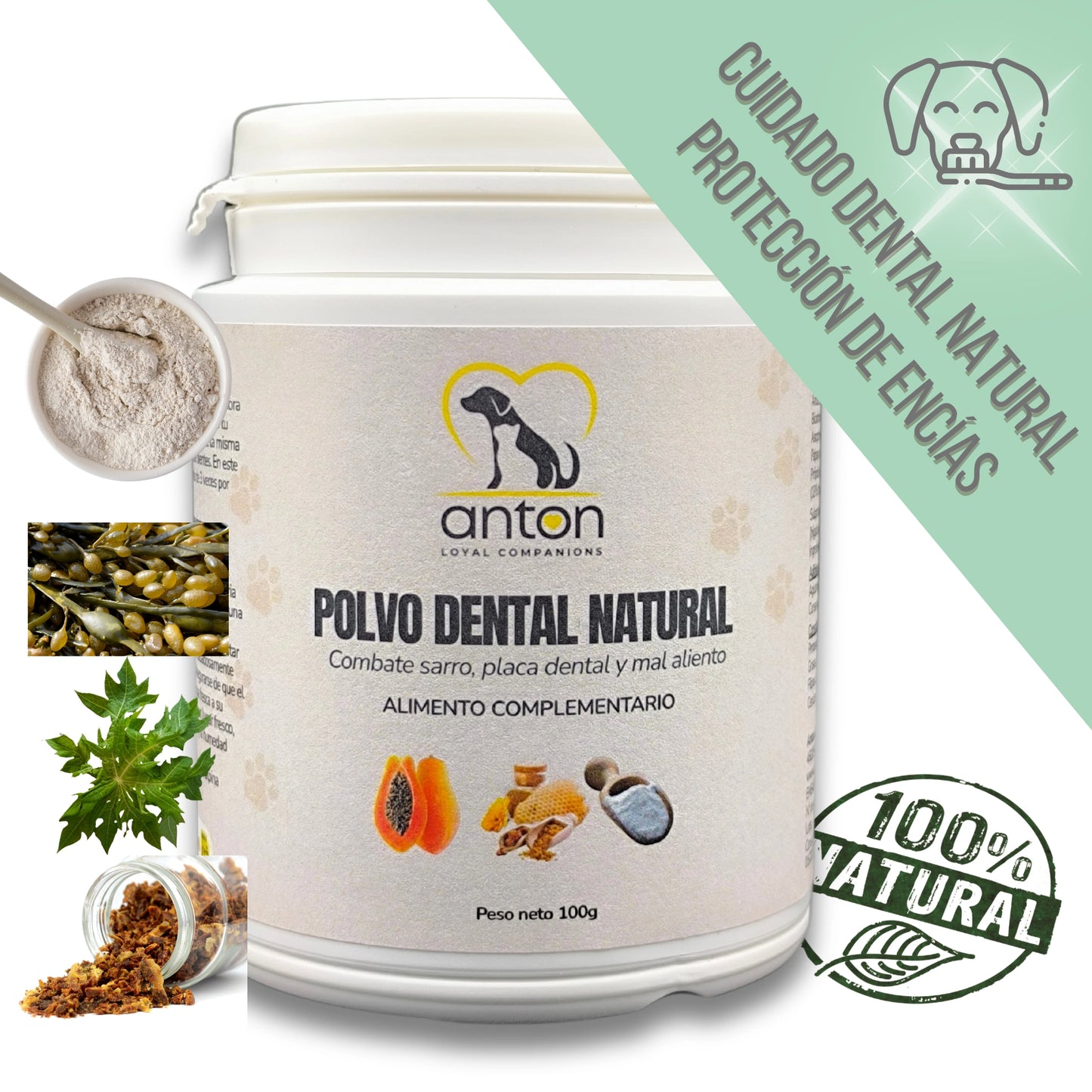Envase del polvo dental natural ANTON con ingredientes naturales - cuidado dental sin químicos, protección de encías y aliento fresco para perros y gatos