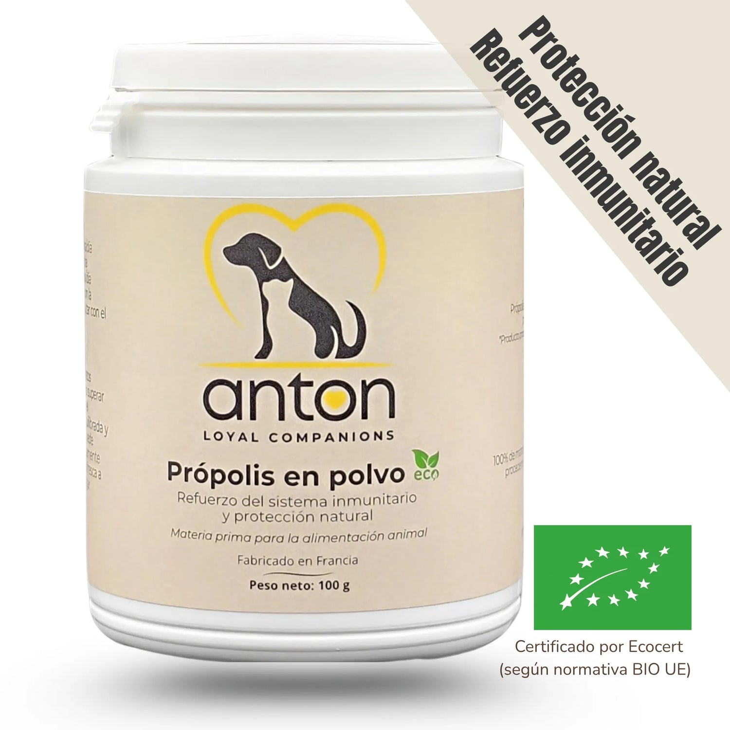 Suplemento natural Propoleo en polvo ANTON para perros y gatos - Refuerzo del sistema inmunitario y proteccion natural certificado ecologico