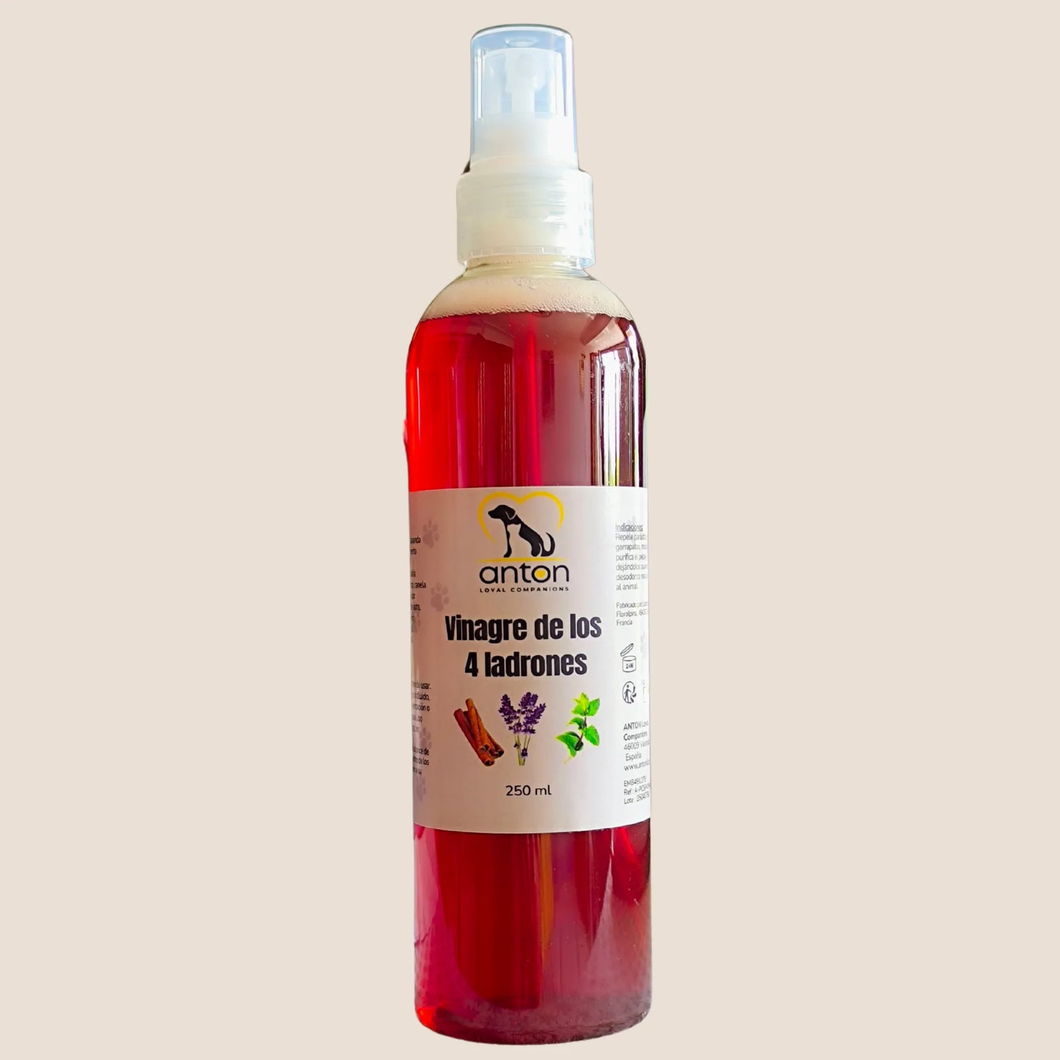 Envase spray de 250 ml de Vinagre de los 4 ladrones ANTON, solución natural para perros y gatos
