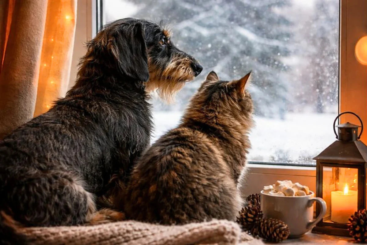Chien et chat observant l’extérieur depuis une fenêtre en hiver, installés dans un intérieur chaleureux avec lumière douce et ambiance calme.