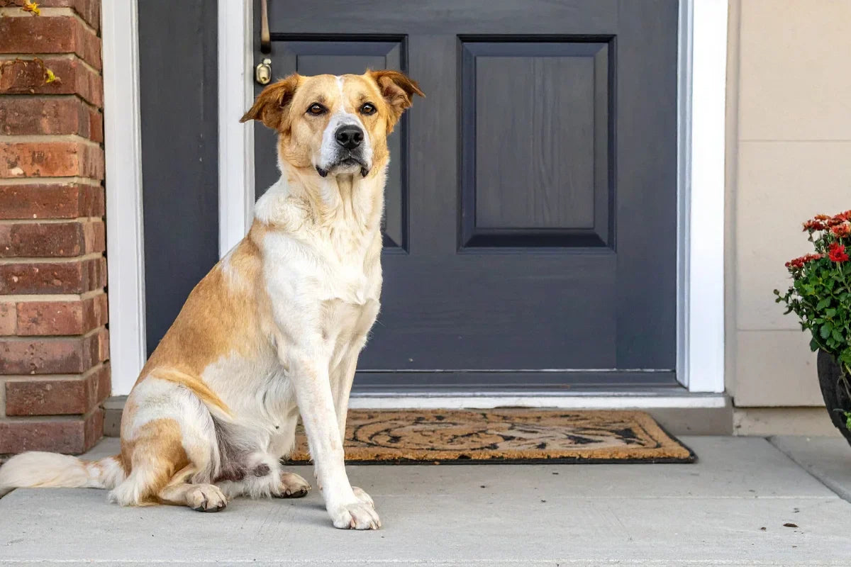 Perro sentado delante de la puerta de casa, esperando a que su tutor regrese.
