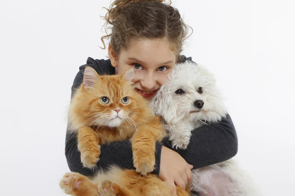 Niña abrazando a un gato y un perro, símbolo del vínculo y la educación positiva entre animales y familial