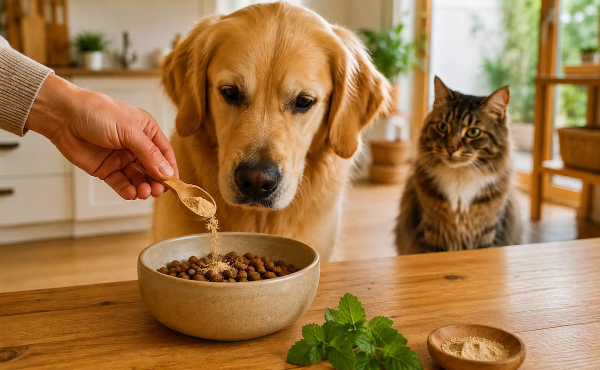 Perro y gato observando un suplemento natural en polvo añadido a su alimentación diaria en un entorno doméstico.