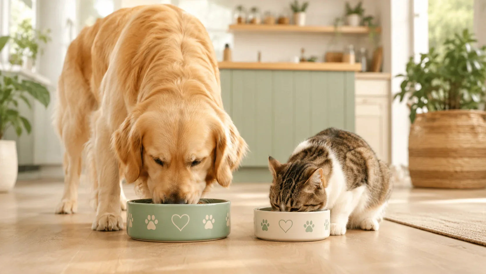 Perro y gato comiendo tranquilamente en una cocina luminosa, representando el bienestar digestivo y el equilibrio de la flora intestinal en perros y gatos.