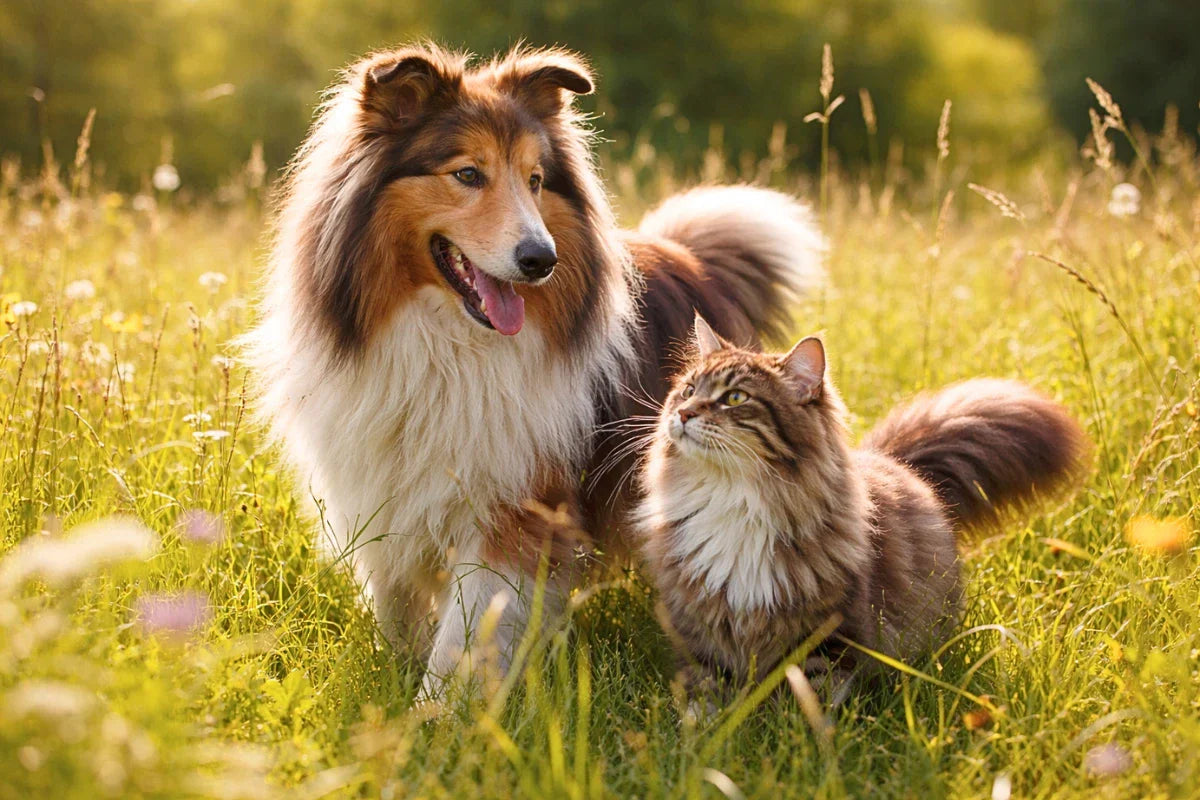 Perro tipo collie y gato de pelo largo en la hierba durante la muda de primavera, con pelaje renovándose al sol.