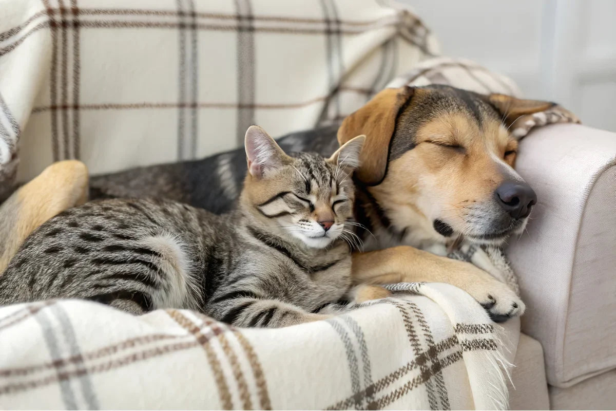 Perro y gato descansando juntos en invierno, envueltos en una manta, símbolo de bienestar natural y equilibrio gracias a los Omega 3.