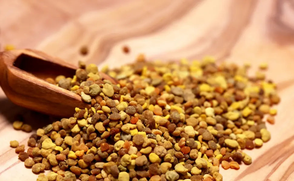 Propóleo natural de abeja en gránulos sobre una superficie de madera, ilustrando este ingrediente tradicional utilizado en complementos alimentarios para perros y gatos.