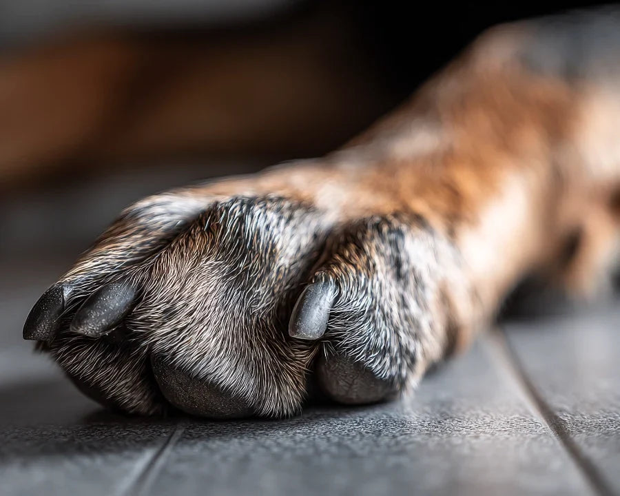Primer plano de la pata de un perro apoyada sobre el suelo