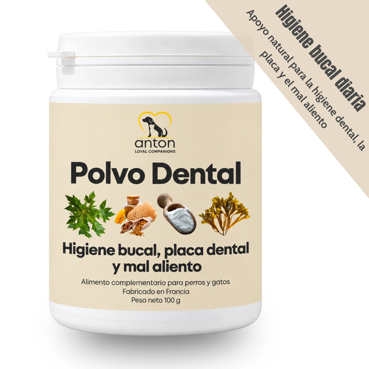 Polvo dental natural para perros y gatos – Limpieza dental, sarro y mal aliento – 100 g