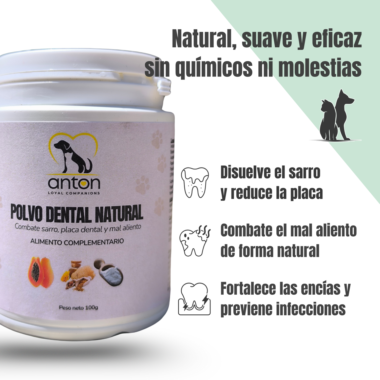 Polvo dental natural para perros y gatos  -   Combate sarro, placa dental y mal aliento