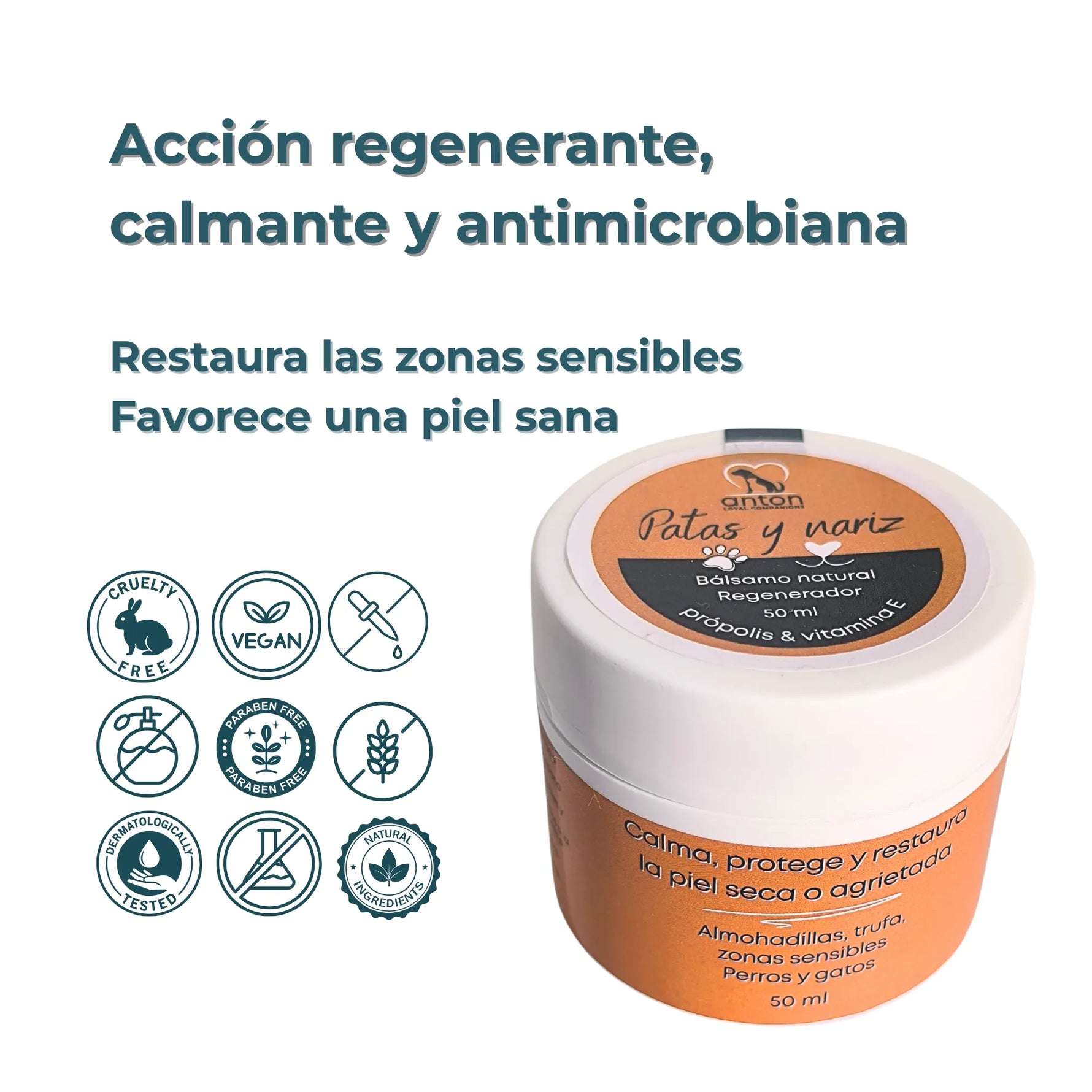 Tarro del bálsamo ANTON con pictogramas vegan, cruelty free, sin parabenos y testado dermatológicamente