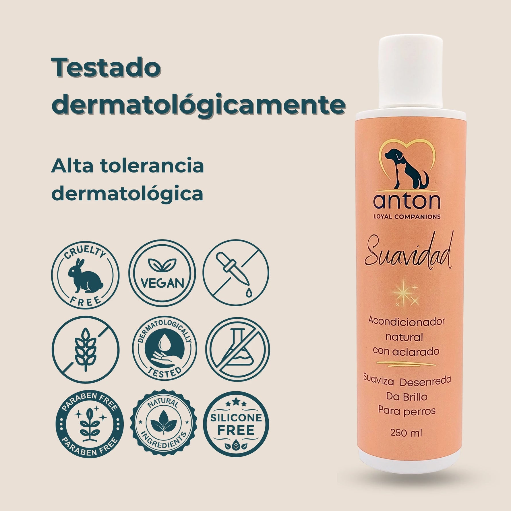 Botella del acondicionador natural ANTON Loyal Companions Suavidad para perros, con sellos cruelty free, vegano y sin siliconas.