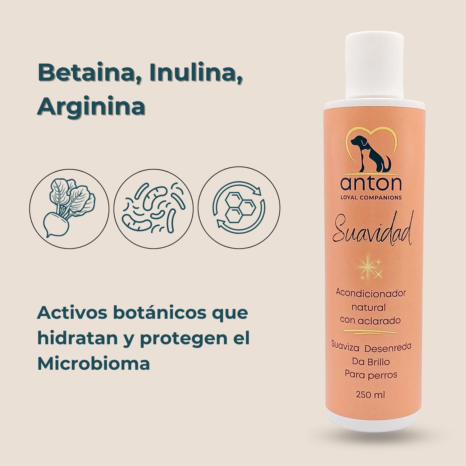 Ingredientes botánicos hidratantes del acondicionador natural ANTON Loyal Companions para perros Suavidad: betaina, inulina y arginina.