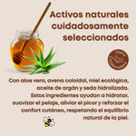 Ingredientes naturales del champú Pet Save the Bees de Bee It, con aloe vera, avena coloidal, miel ecológica, aceite de argán y seda hidrolizada, seleccionados para hidratar, calmar la piel y cuidar el pelaje de perros y gatos.