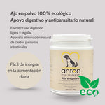 Suplemento ANTON ajo en polvo 100% ecológico, favorece la digestión ligera y la eliminación natural de parásitos intestinales