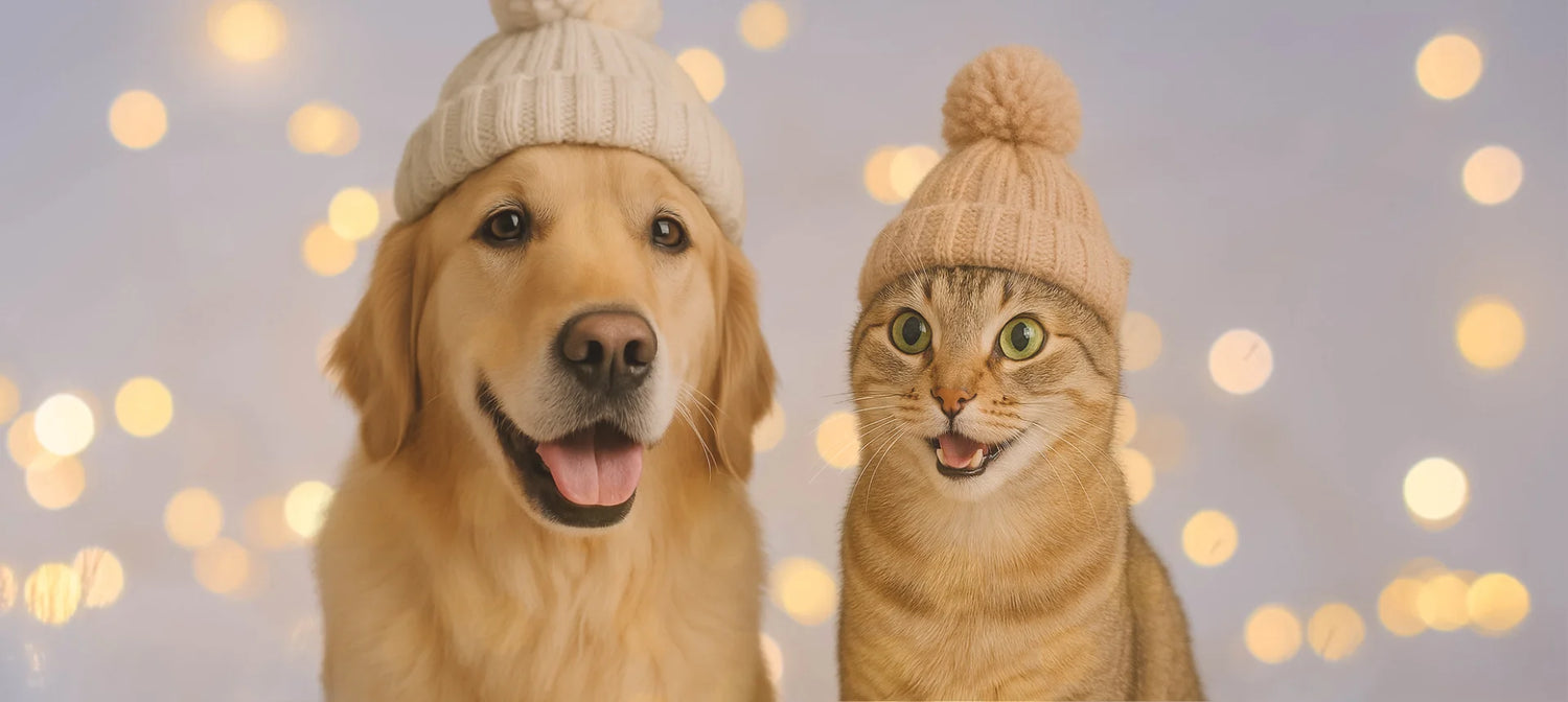 Perro y gato con gorros de lana posando juntos en un ambiente navideño con luces desenfocadas.