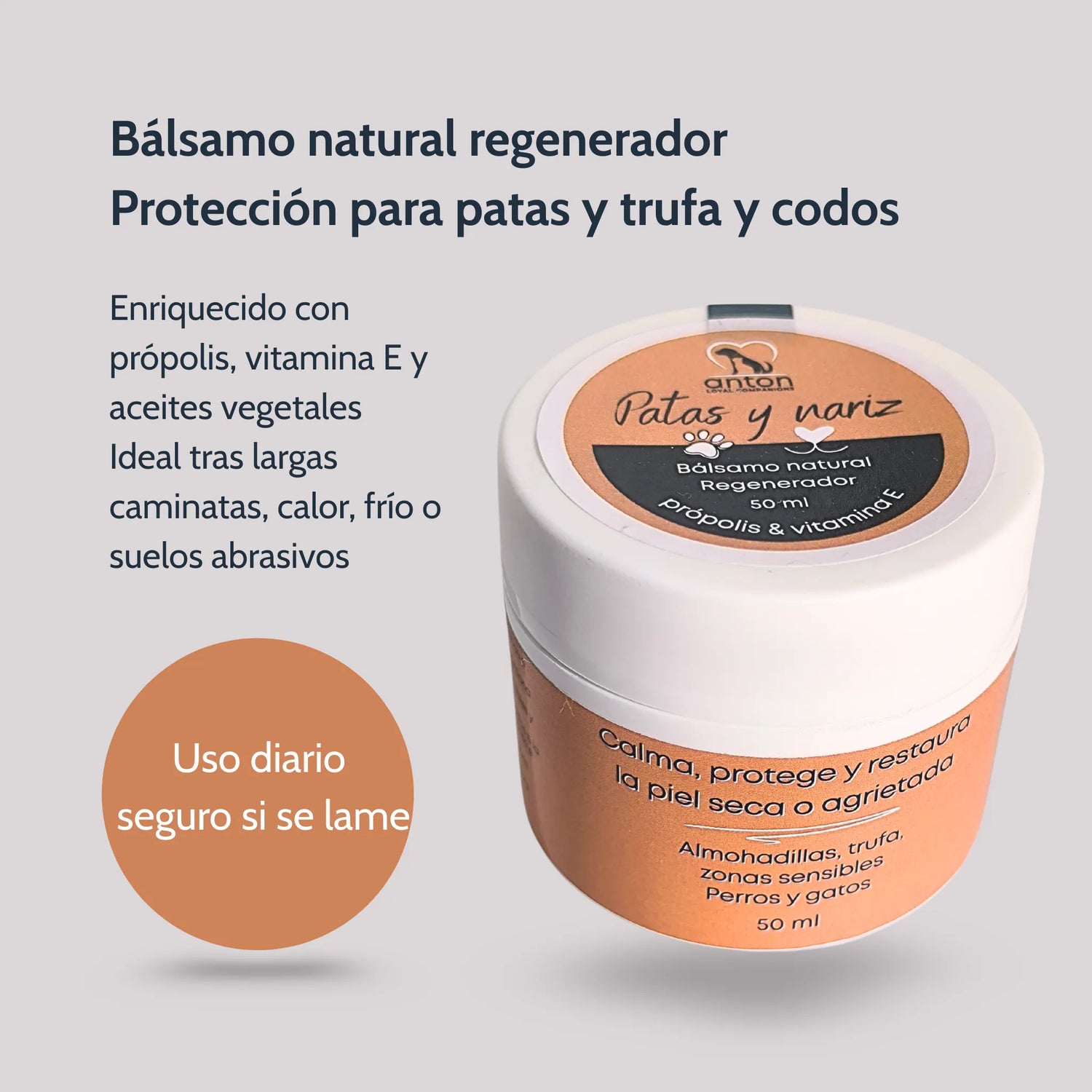 El bálsamo natural para patas y nariz ANTON Loyal Companions hidrata, regenera y protege las zonas más sensibles de tu perro o gato, como las almohadillas, la trufa, los codos o los pliegues cutáneos.