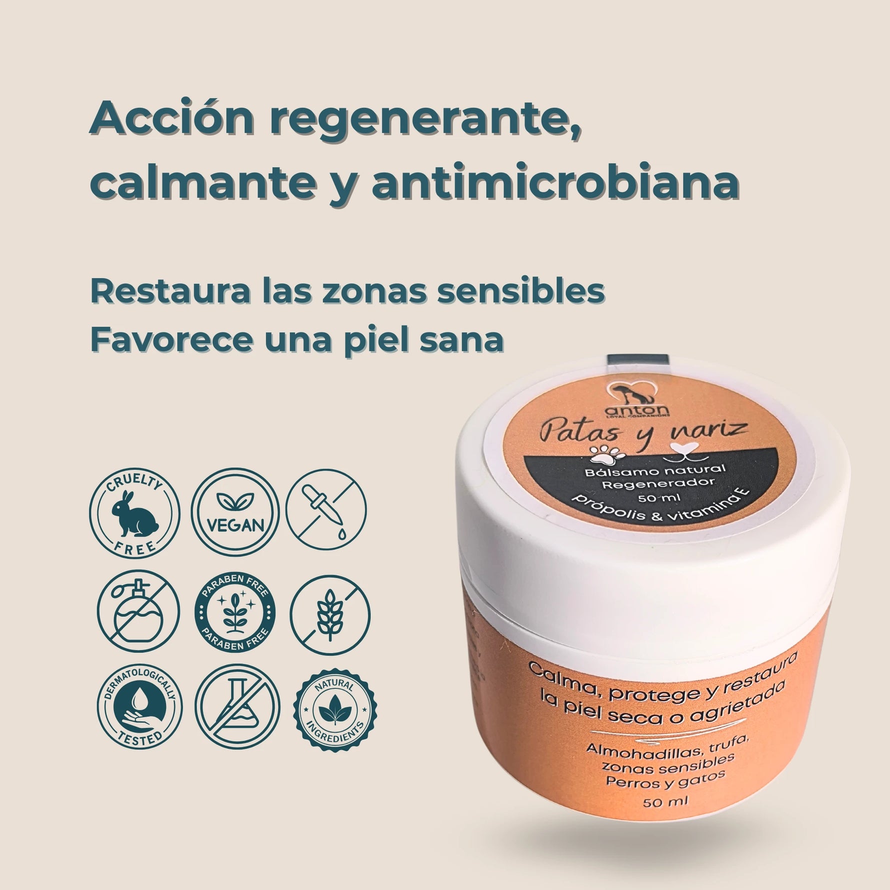 Envase bálsamo Patas y Nariz con sellos cruelty free, vegano y testado dermatológicamente