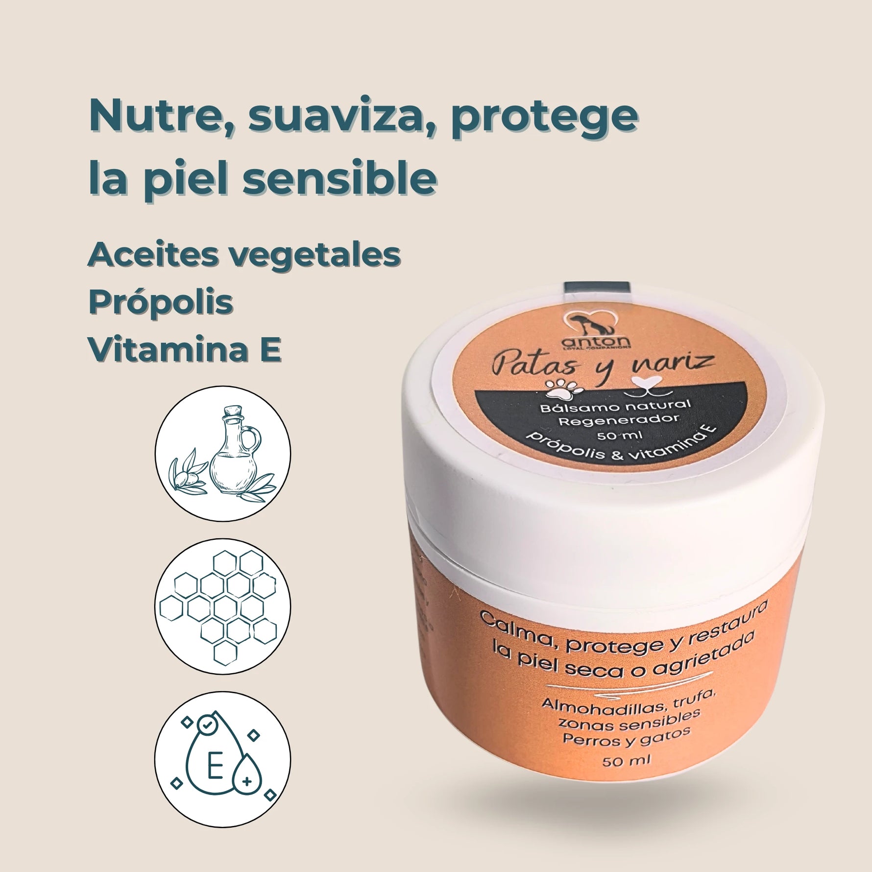 Ingredientes naturales del bálsamo Patas y Nariz con aceites vegetales, própolis y vitamina E