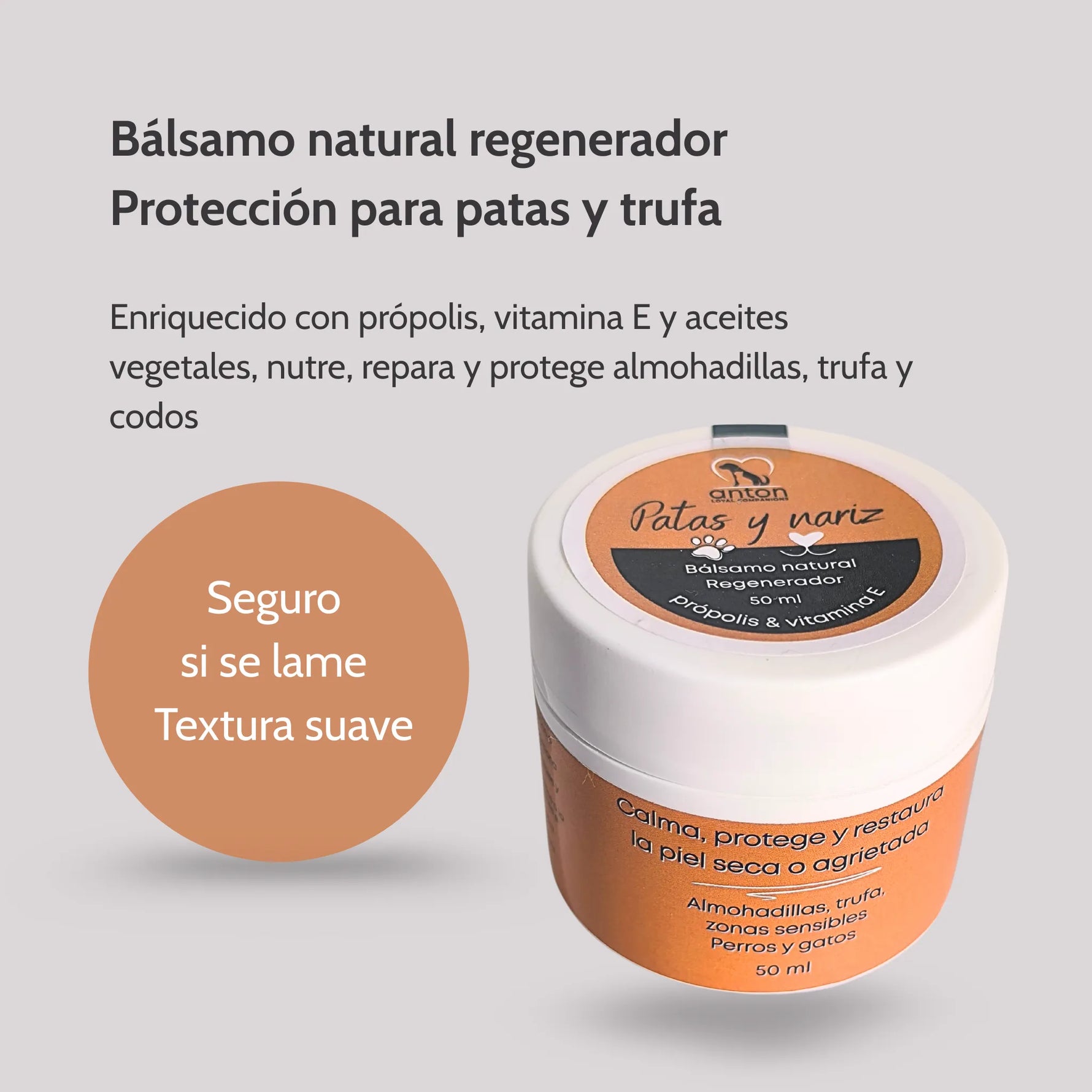 Bálsamo ANTON Patas y Nariz con própolis, vitamina E y aceites vegetales, nutre y protege almohadillas, trufa y codos