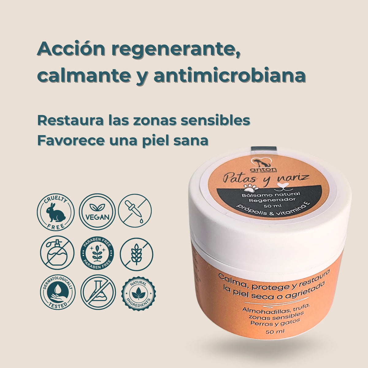 Envase bálsamo Patas y Nariz ANTON Loyal Companions con sellos cruelty free, vegano y testado dermatológicamente