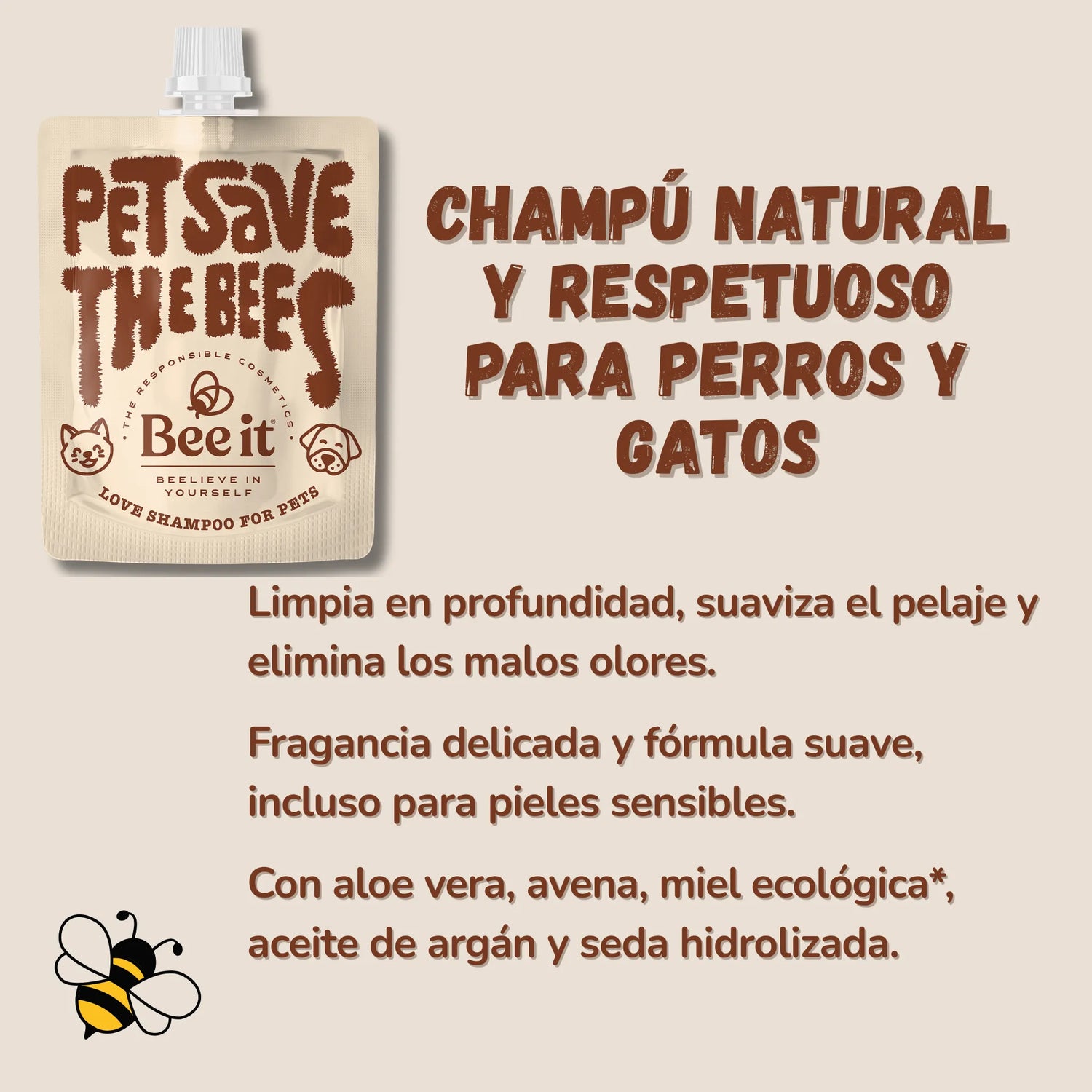 Descripción de beneficios del champú Bee It: limpia en profundidad, suaviza el pelaje y elimina malos olores
