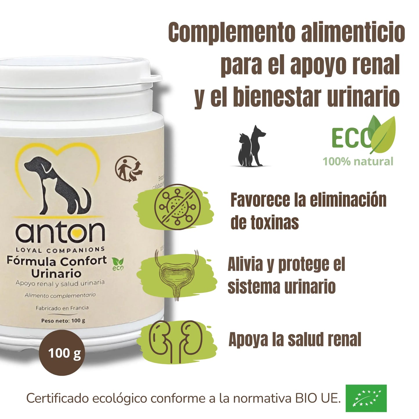Imagen informativa que presenta los beneficios del producto ANTON para el sistema urinario: eliminación de toxinas, protección del sistema urinario y apoyo renal