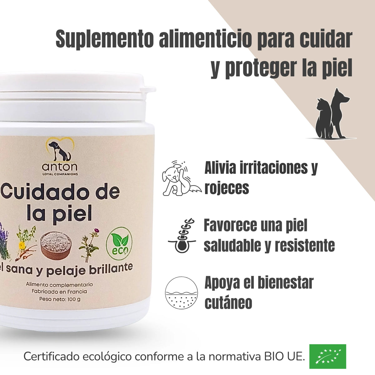 Suplemento natural para perros y gatos ANTON Loyal Companions ECO que alivia irritaciones y rojeces, favorece una piel saludable y resistente y apoya el bienestar cutáneo diario.