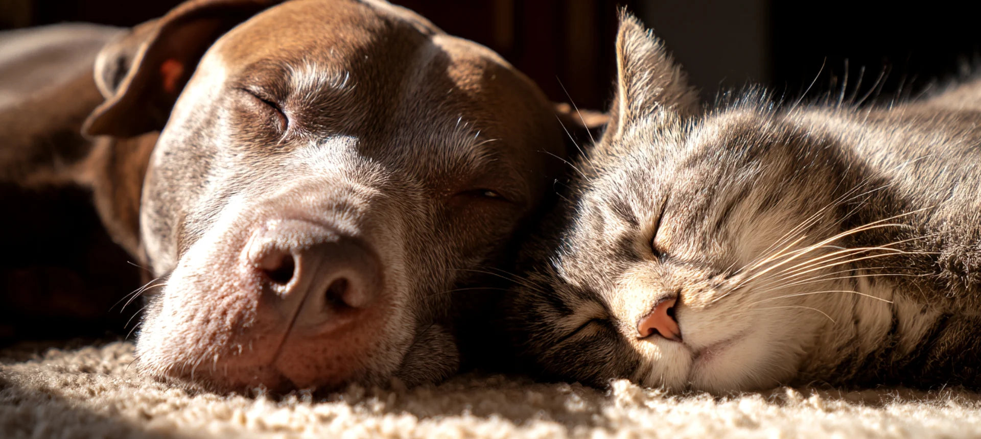 Perro y gato descansando juntos al sol, símbolo de bienestar, calma y confianza durante el mes de noviembre.