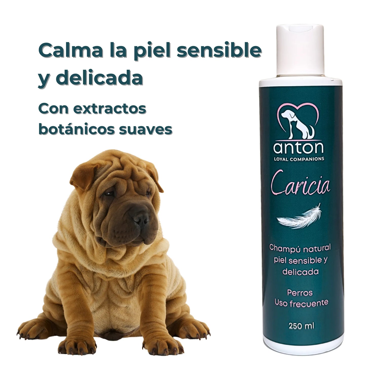 Champú natural ANTON “Caricia” con perro Shar Pei y texto sobre piel sensible